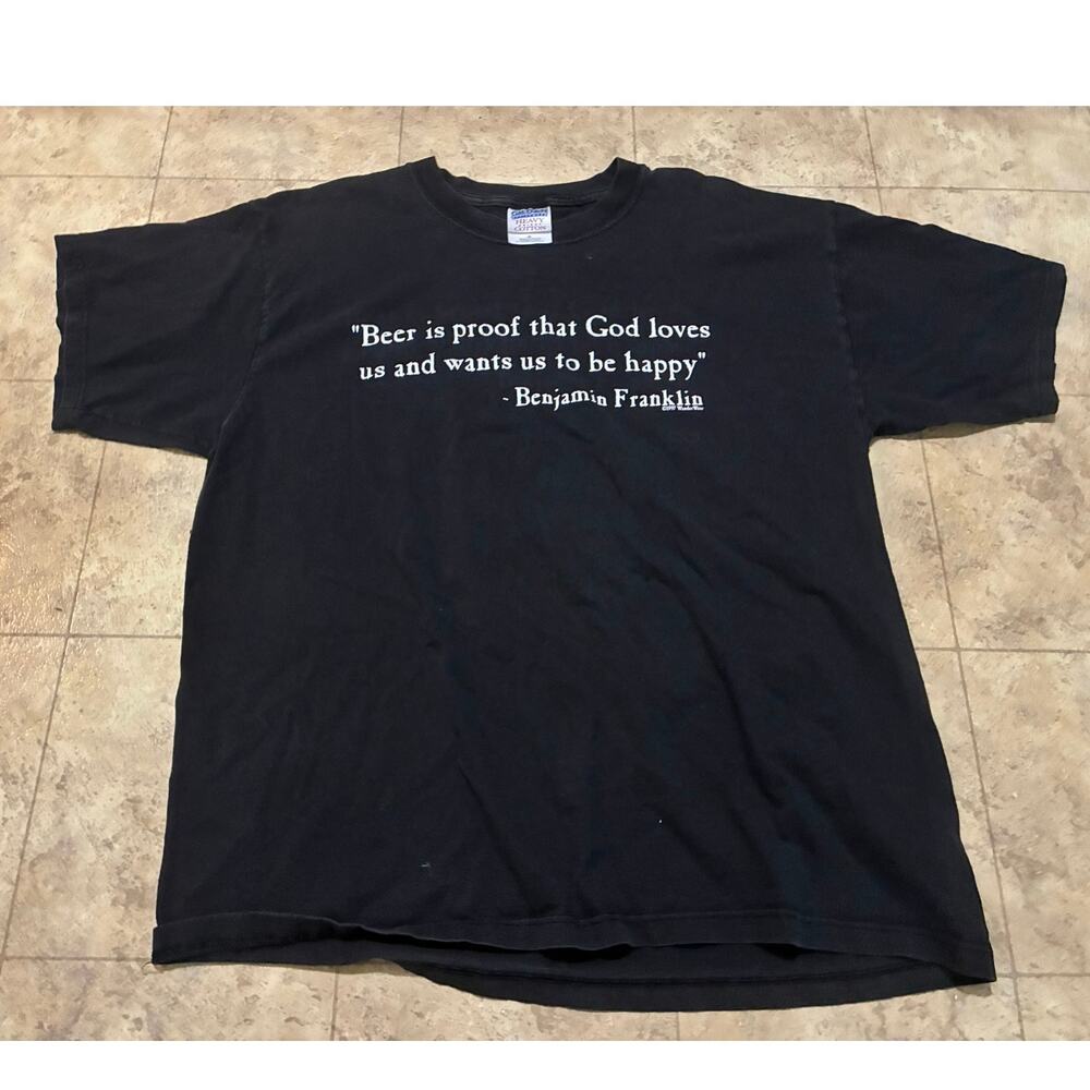 Vintage 1997 Black Gildan T-Shirt XL Beer Proof God Loves Us Franklin
